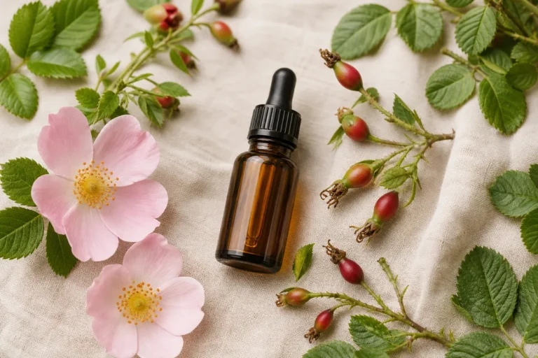 Flacon de macérat de bourgeon d'églantier avec fleurs et feuilles de Rosa canina, illustrant les bienfaits du bourgeon d'églantier