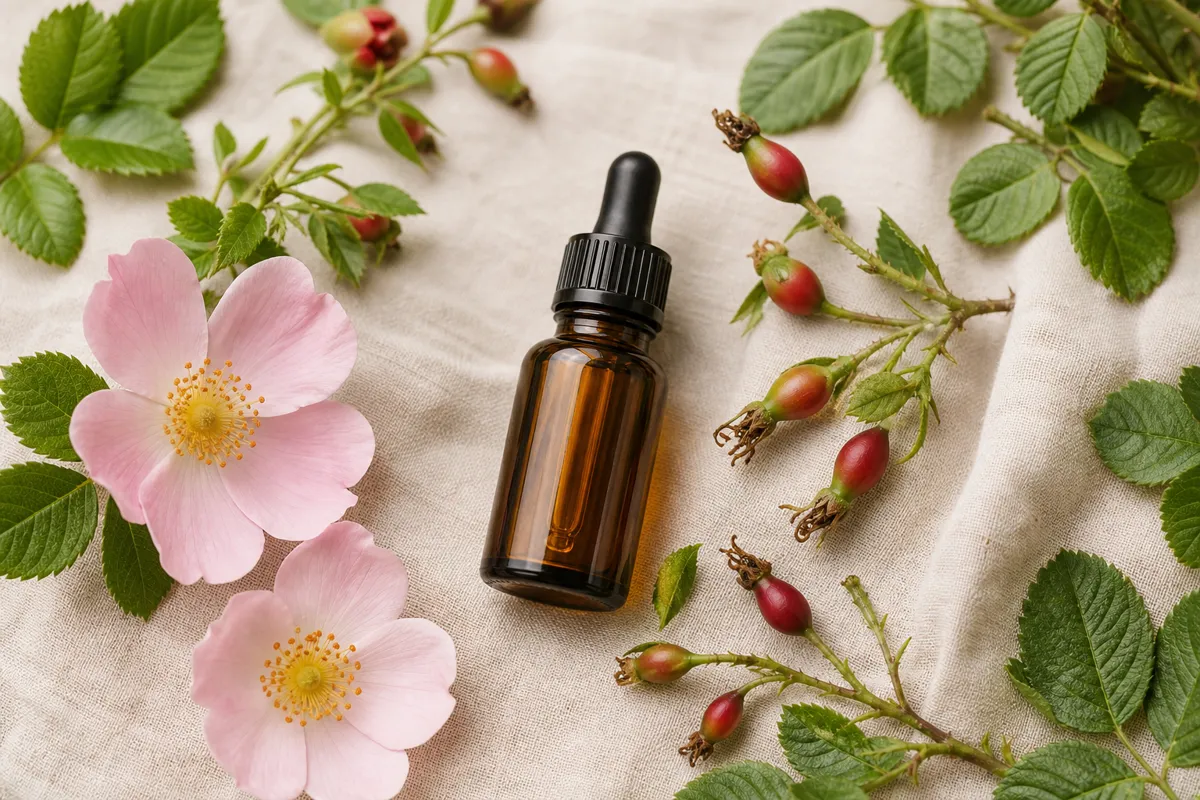 Flacon de macérat de bourgeon d'églantier avec fleurs et feuilles de Rosa canina, illustrant les bienfaits du bourgeon d'églantier