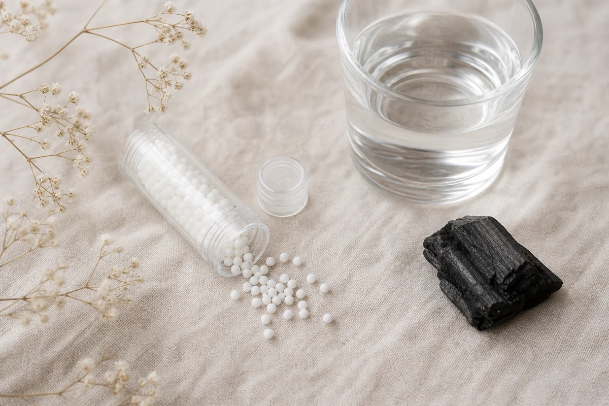 Tube de granules homéopathiques et morceau de charbon végétal, illustrant les bienfaits du Carbo vegetabilis