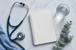 Stéthoscope, verre d'eau et carnet sur un bureau clair, illustrant les symptômes d'un problème de thyroïde