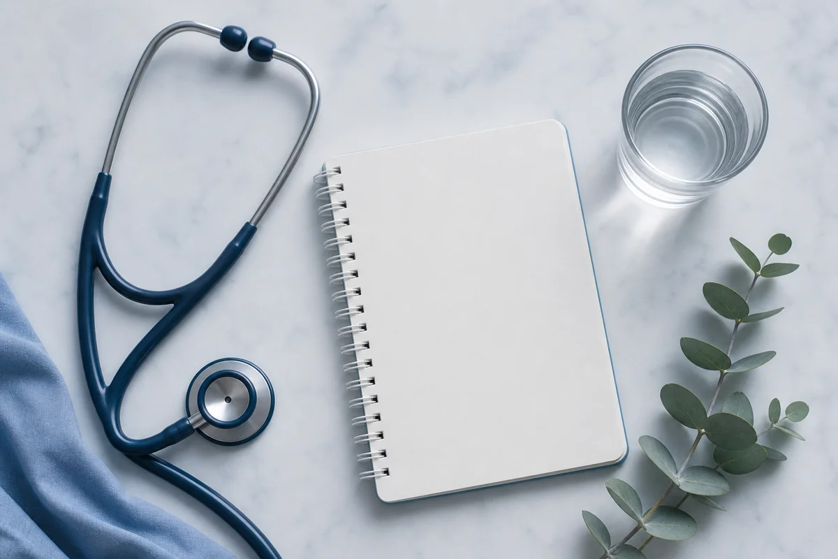 Stéthoscope, verre d'eau et carnet sur un bureau clair, illustrant les symptômes d'un problème de thyroïde