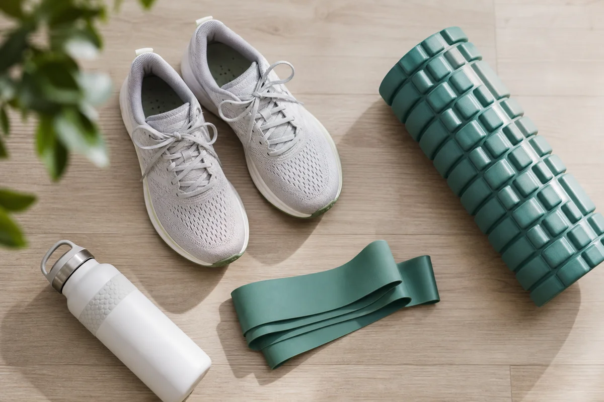Chaussures de running, rouleau de massage et élastique de renforcement, exercices pour le syndrome de l'essuie-glace