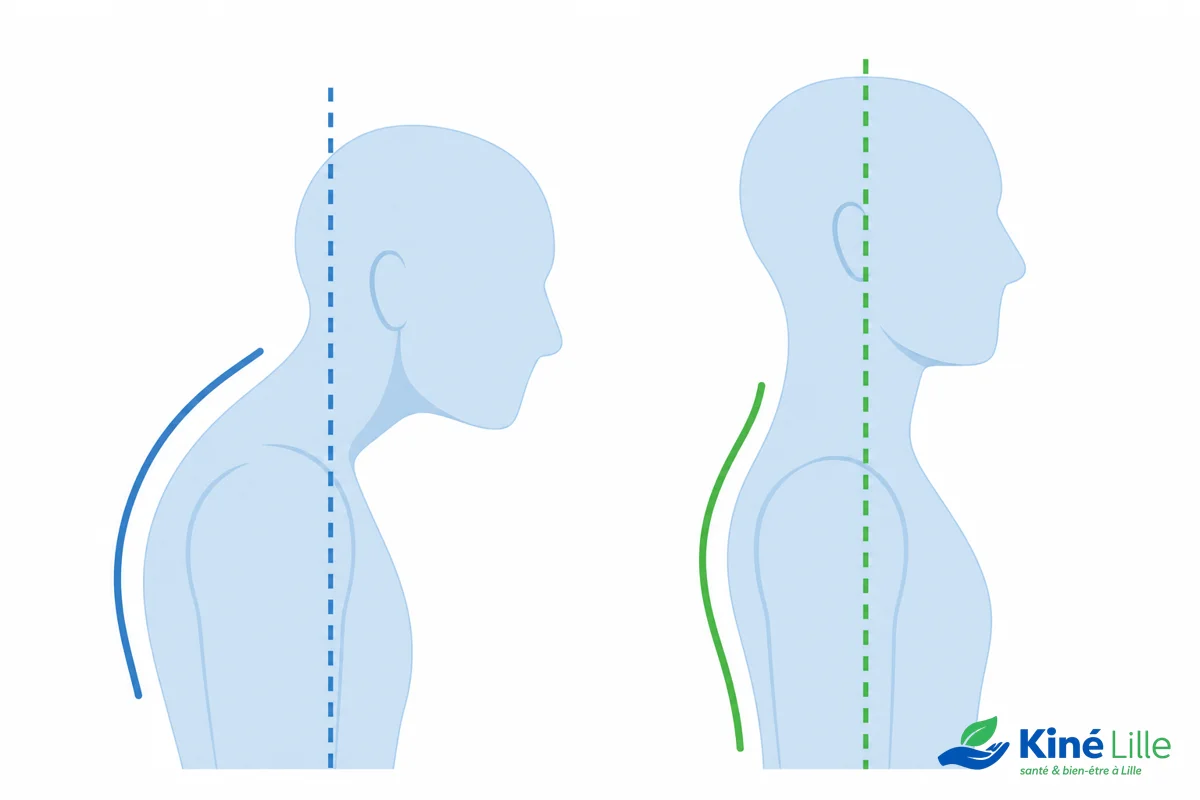 Comparaison tête en avant versus tête alignée, antéprojection de la tête