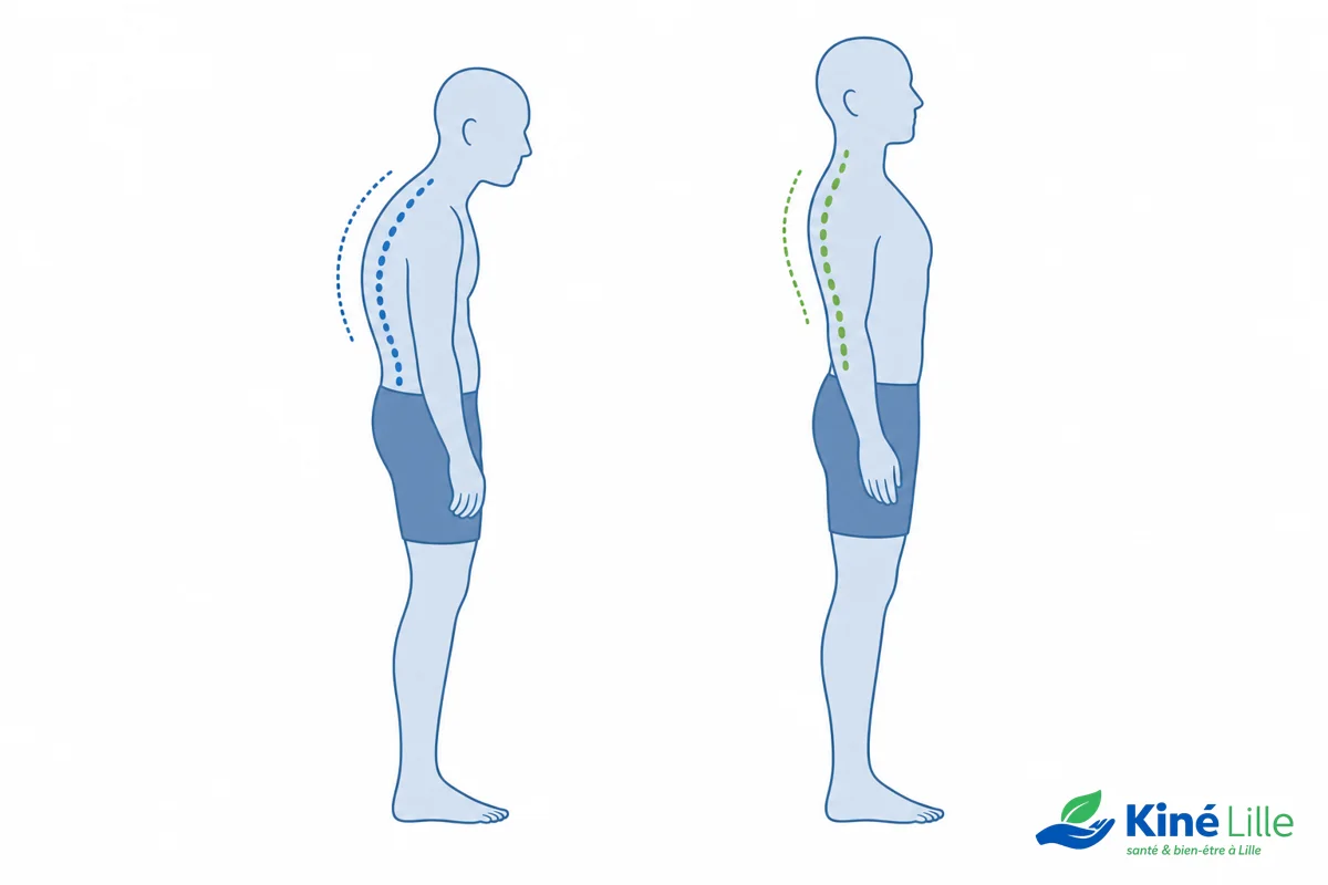 Comparaison de posture : épaules tombantes enroulées vers l'avant versus épaules redressées