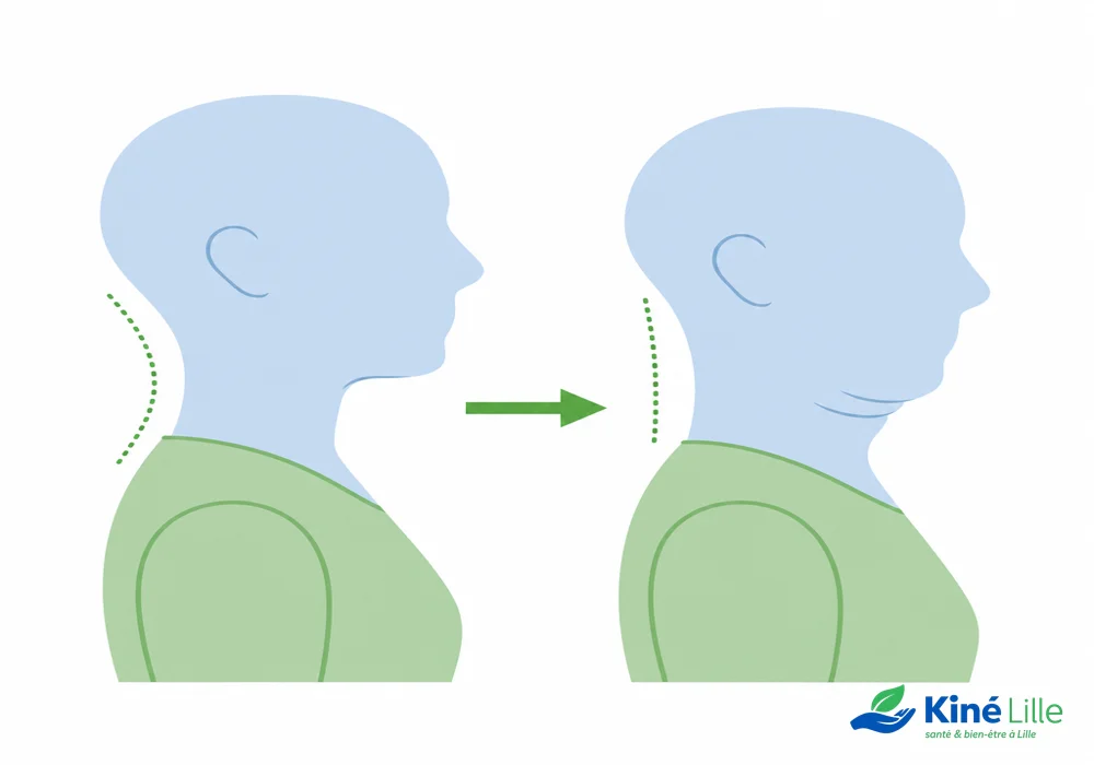 Exercice du chin tuck (repli du menton) pour corriger l'antéprojection de la tête