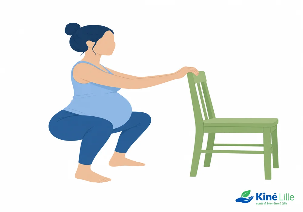 Position accroupie soutenue par une chaise pour étirer le bassin enceinte