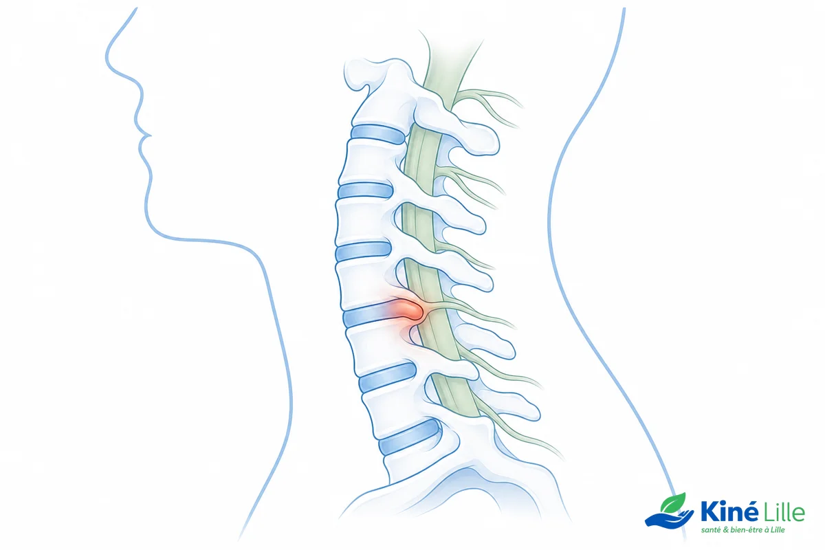Colonne cervicale avec un disque hernié, illustrant quel sport pratiquer avec une hernie discale cervicale